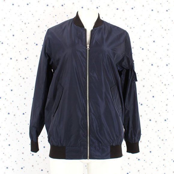 Navy Long Zip Up Bomber Jacket - Picture 2 of 10